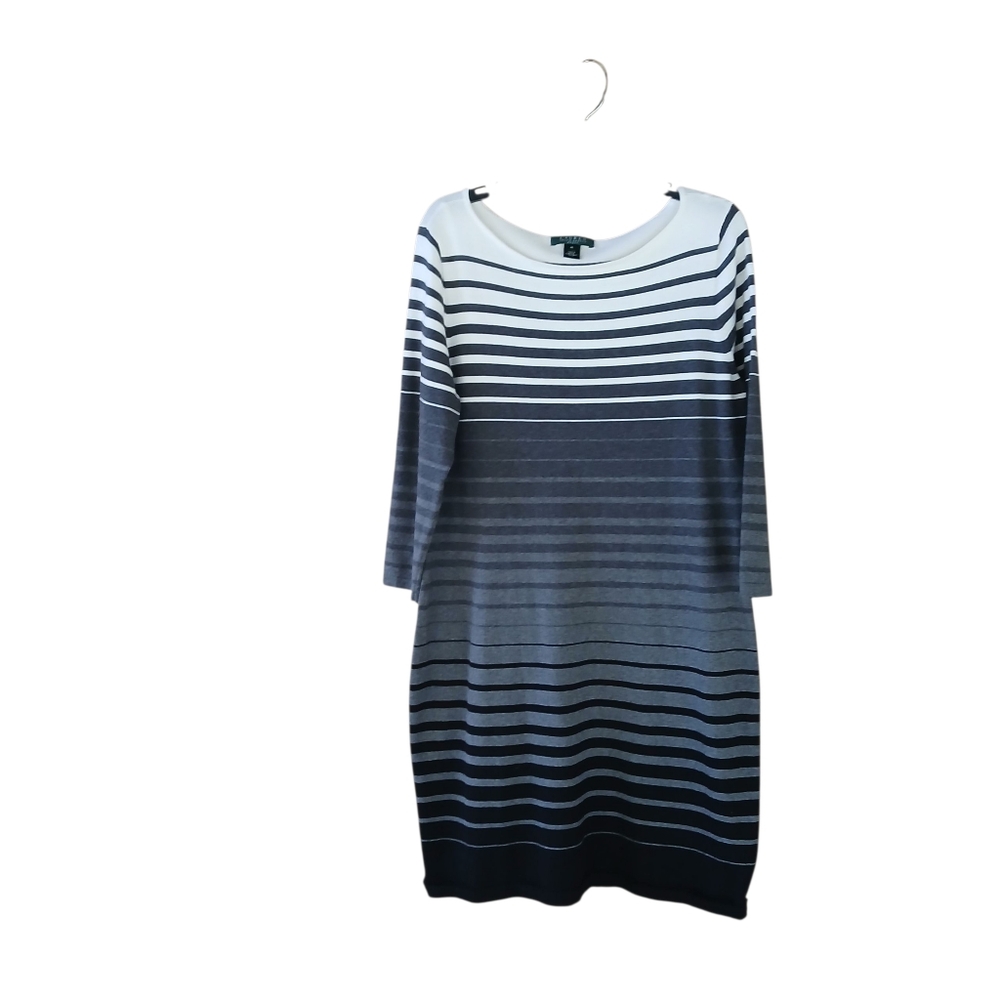 LRL Gray White Black Ombre Striped Cotton Blend Midi Sweater Dress XL